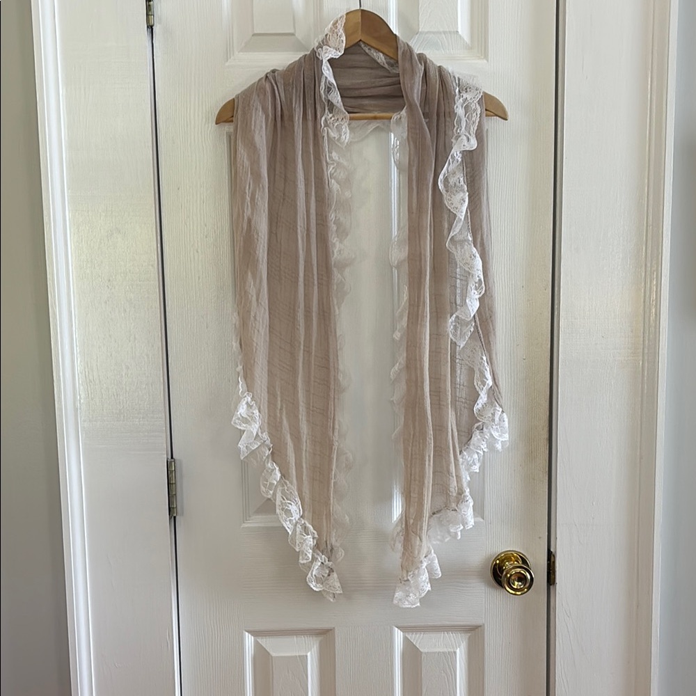 Chiffon Sheer Tan Scarf with White Lace Trim NWT , Western , Coastal Cowgirl
